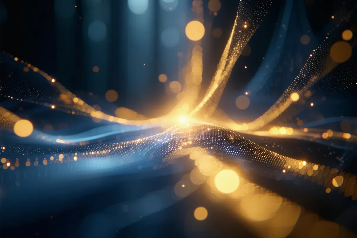 Abstract luminous data-flow visualization — amber-gold data streams converging on deep navy background, representing real-time credit decisioning